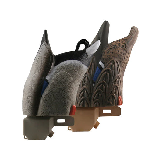 Two feeder duck decoys (one drake, one hen) on a white background