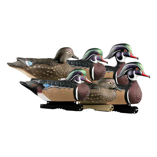 Six wood duck decoys (four drakes, two hens) on a white background