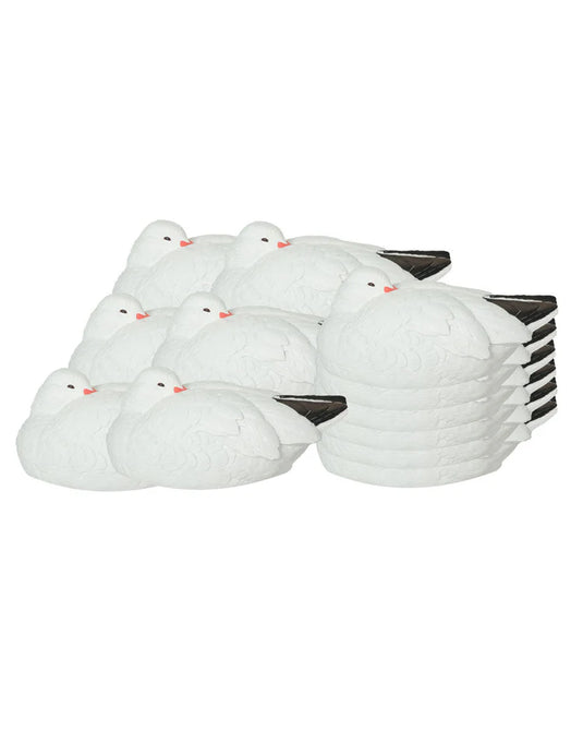 Set of white goose-shaped shells with black borders on a white background