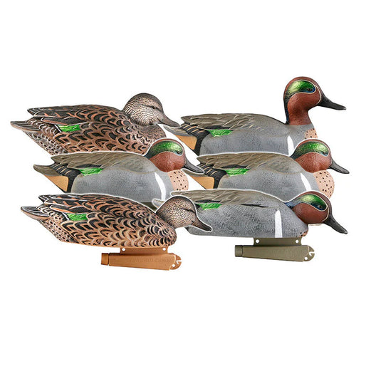 Set of six green-winged teal decoys on a white background