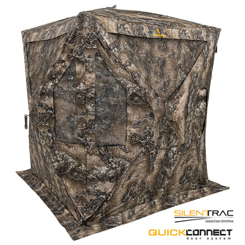 Load image into Gallery viewer, Camouflage hunting blind with 'SilentTrac' and 'Quick Connect' branding on a white background
