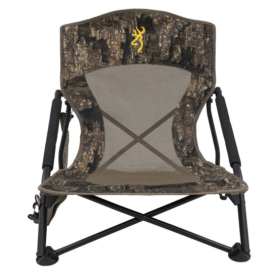 Camouflage hunting chair with a logo on a white background