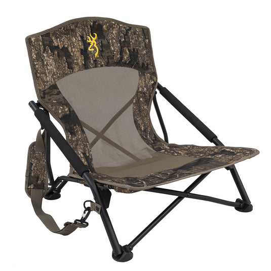 Camouflage hunting chair with a logo on a white background